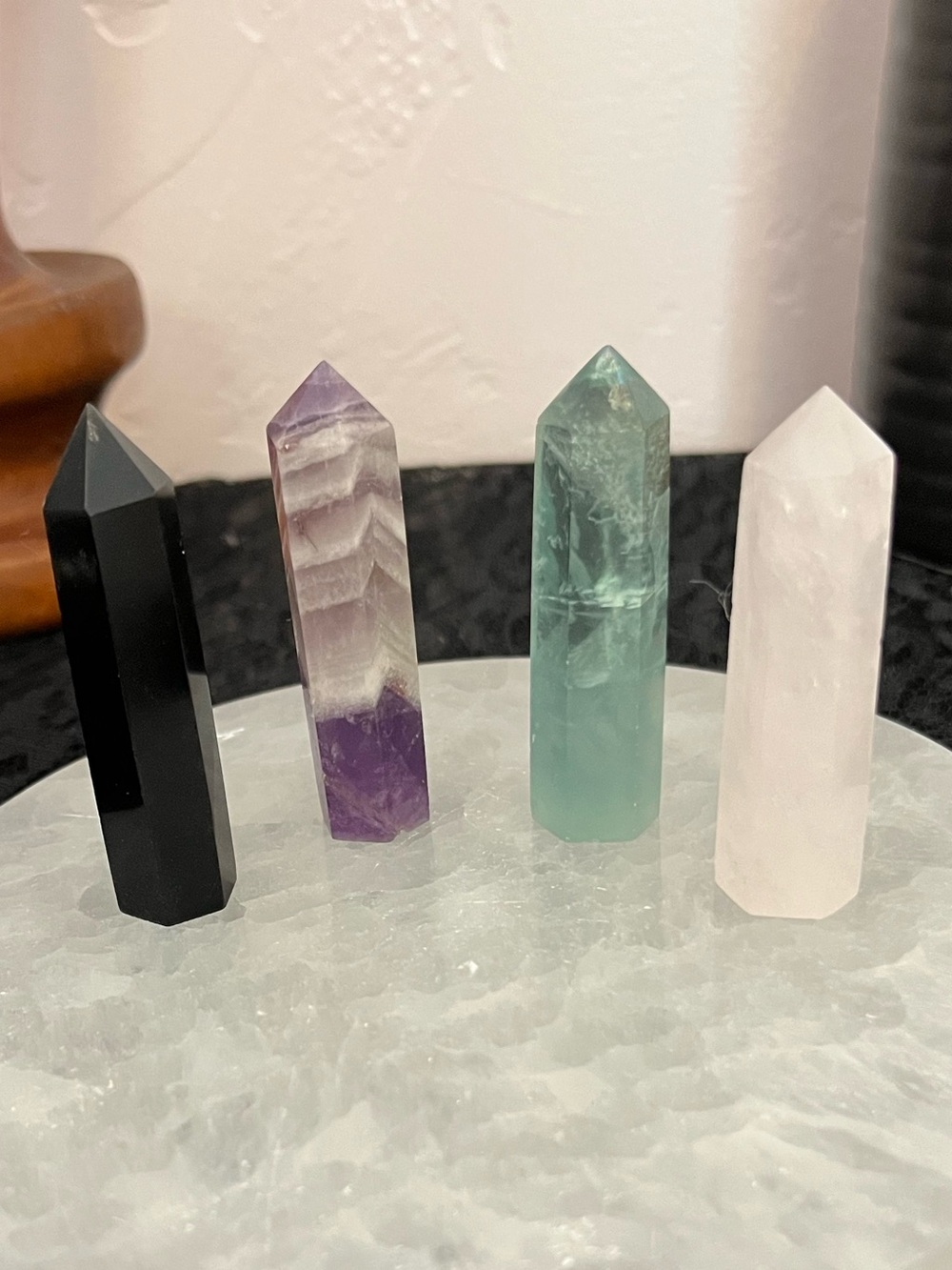 4 Crystal Point - Obsidian, Chevron Amethyst, Green Fluorite, and Rose Quartz